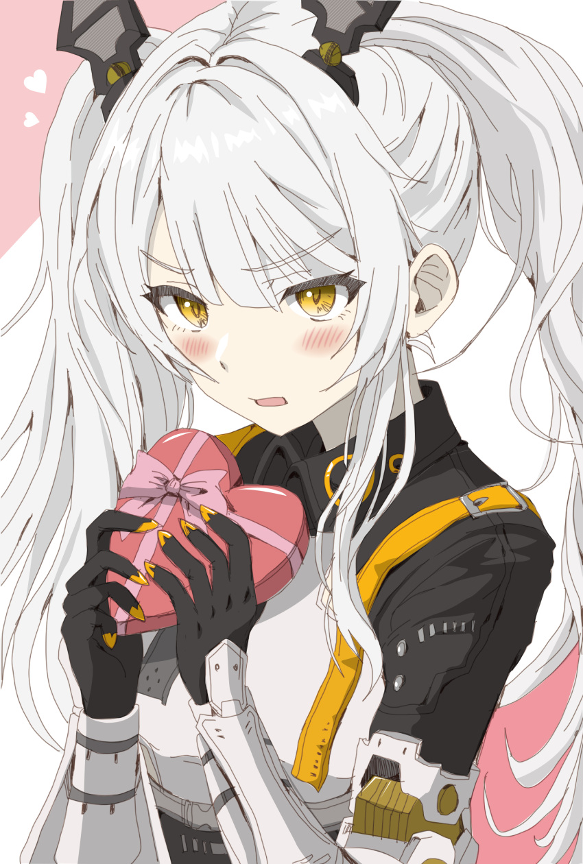 1girl absurdres animal_ears blush bodysuit box gift grey_hair hair_intakes headgear heart-shaped_box highres holding holding_box holding_gift karenina:_scire_(punishing:_gray_raven) karenina_(punishing:_gray_raven) long_hair mechanical_arms mechanical_ears open_mouth orange_eyes punishing:_gray_raven rabbit_ears sidelocks solo twintails valentine yoru_(buru-tasuomaemoka)