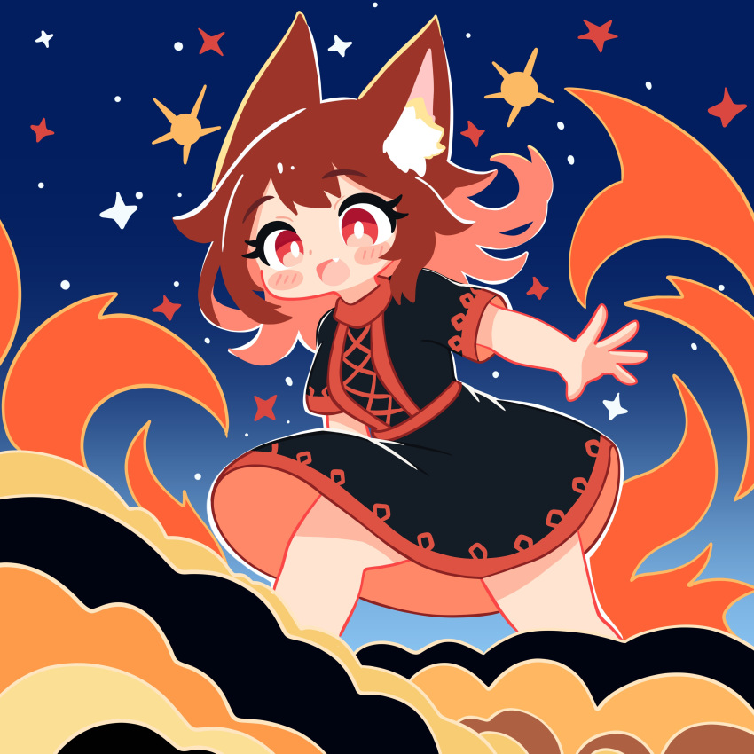 1girl :d absurdres animal_ears black_dress blush blush_stickers brown_hair changkiwi dress fang fire highres long_hair looking_at_viewer open_mouth red_eyes red_hair short_sleeves sky smile solo star_(sky) starry_sky