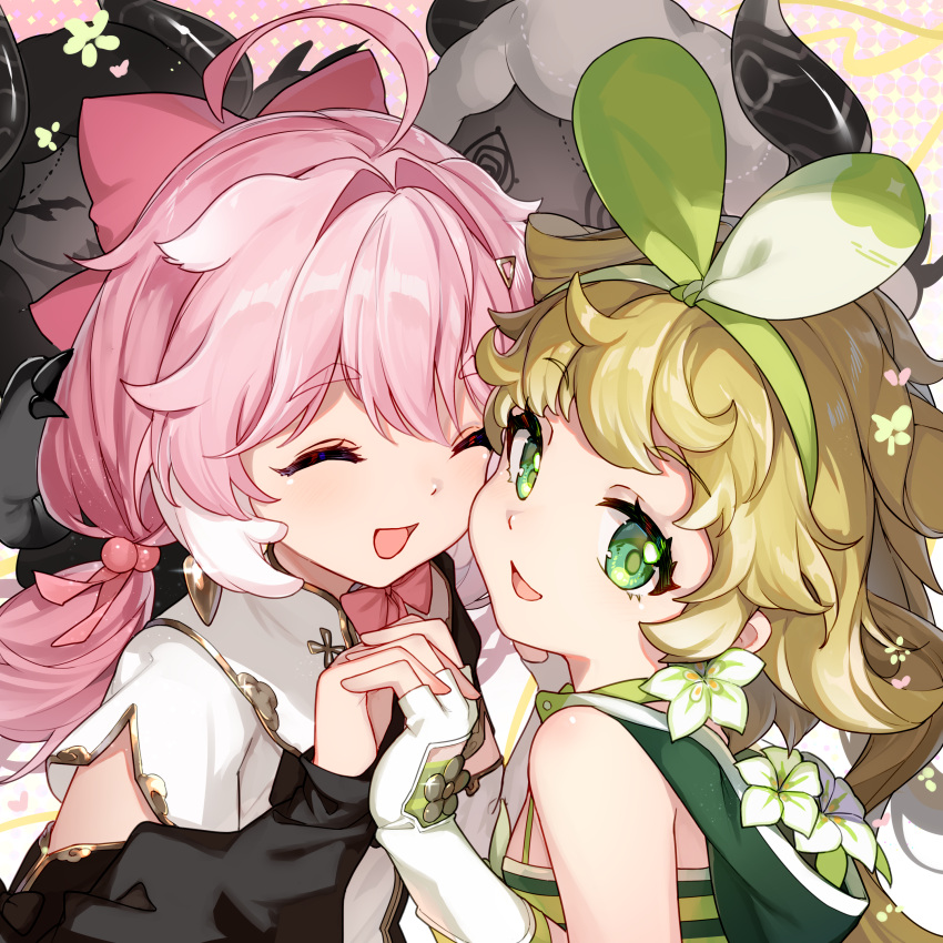 2girls :d absurdres ahoge bison_cangshu blonde_hair character_request fingerless_gloves gloves green_eyes highres looking_at_viewer multiple_girls pink_hair smile upper_body wuthering_waves