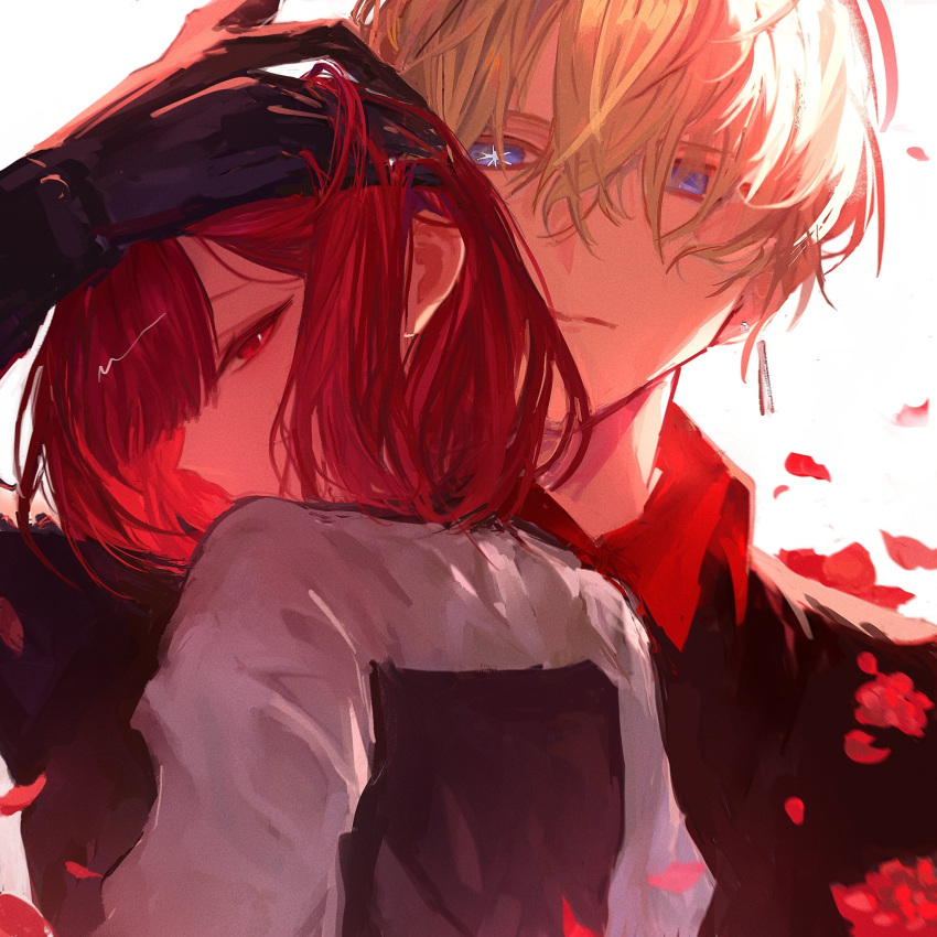 +_+ 1axyyo 1boy 1girl arima_kana black_gloves black_shirt blonde_hair blue_eyes bob_cut falling_petals gloves hand_in_own_hair highres hoshino_aquamarine inverted_bob looking_at_viewer oshi_no_ko petals red_eyes red_hair shirt short_hair upper_body white_background