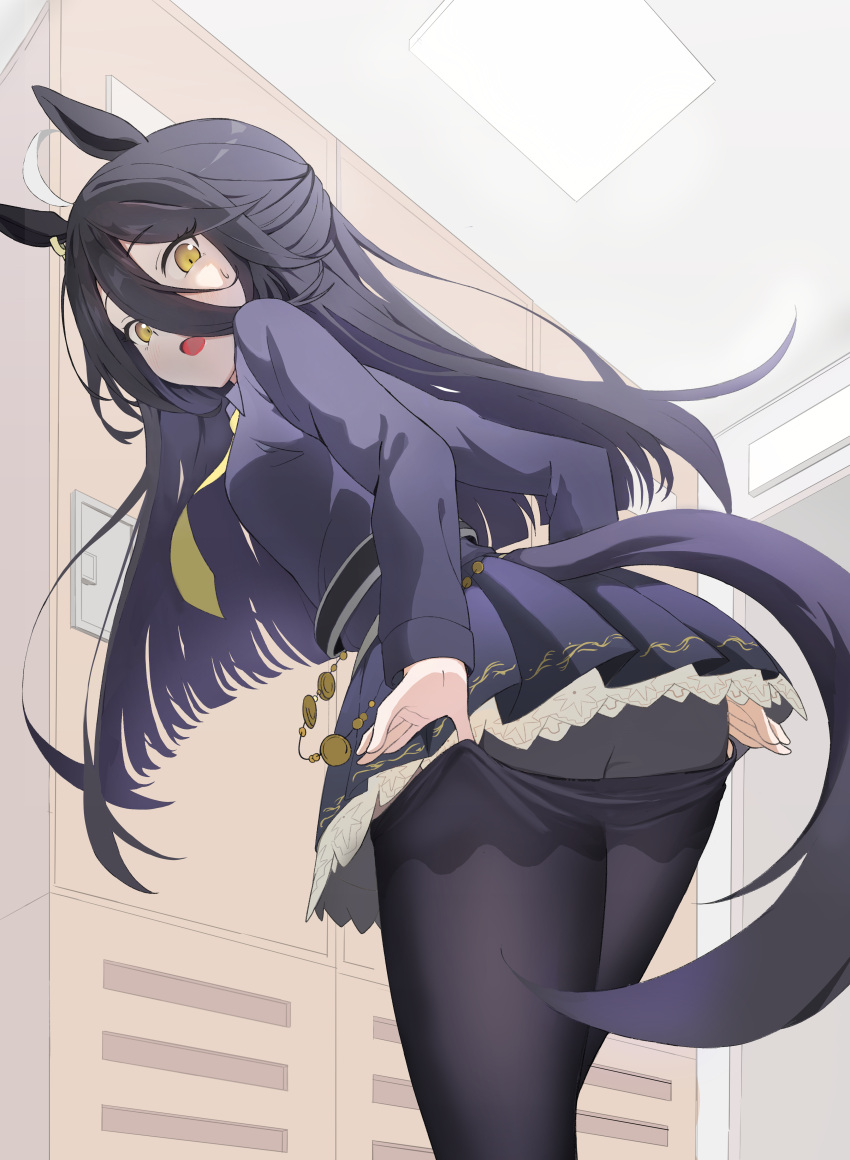 1girl absurdres ahoge animal_ears arsene_(57109611) black_hair black_pantyhose black_skirt highres horse_ears horse_girl horse_tail locker manhattan_cafe_(umamusume) necktie panties pantyhose removing_legwear shirt skirt solo tail umamusume underwear undressing yellow_eyes yellow_necktie