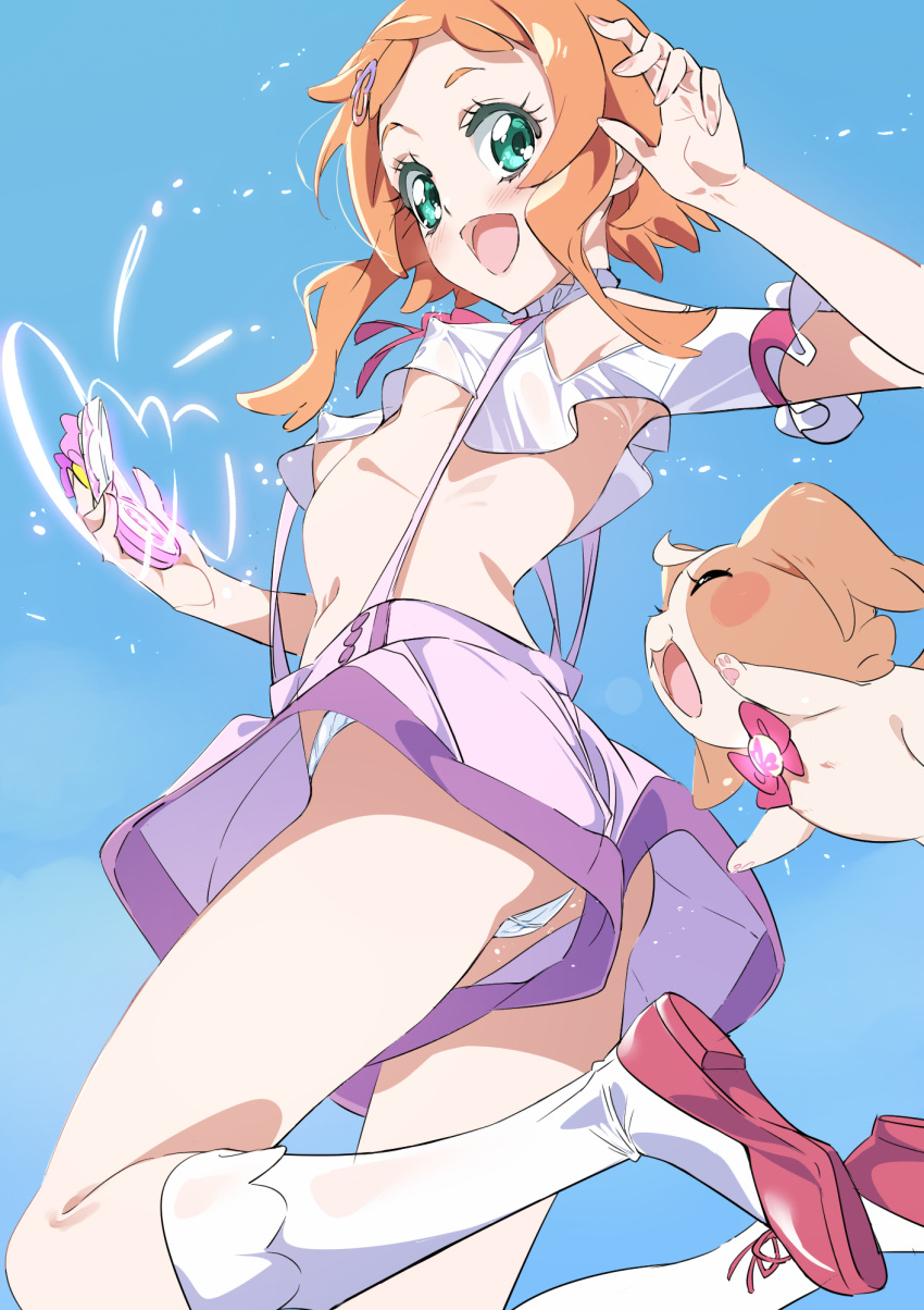 1girl aqua_eyes bobby_socks breasts clear_sky clothing_cutout commentary covered_nipples cropped_shirt crotch_seam day dog flats from_side highres holding inukai_iroha inukai_komugi_(dog) jumping kneehighs looking_at_viewer looking_back midriff navel niko_(tama) open_mouth outdoors panties pantyshot pink_hair precure purple_shorts red_footwear shirt short_hair_with_long_locks short_sleeves shorts shoulder_cutout sky small_breasts smile socks solo suspender_shorts suspenders underboob underwear upshorts white_panties white_shirt white_socks wonderful_pact wonderful_precure!