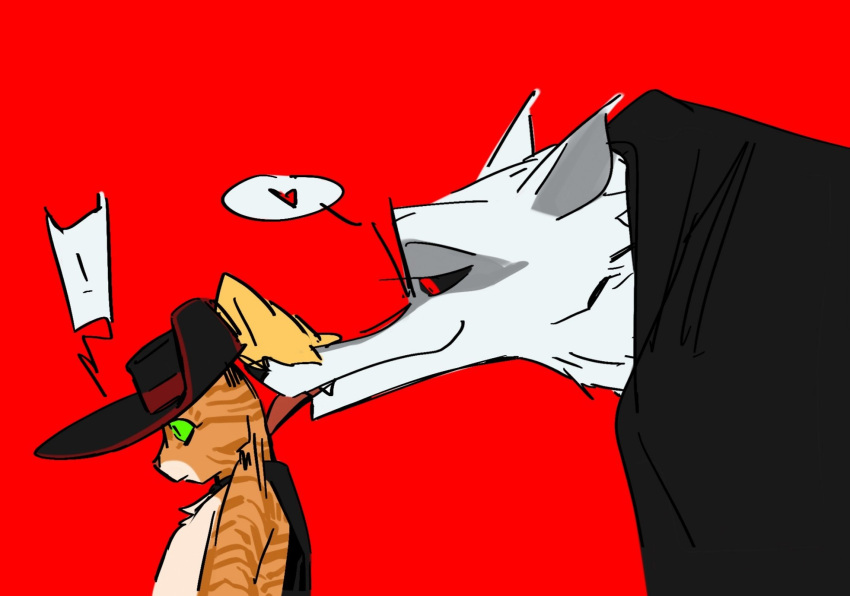 &lt;3 aifu404 anthro canid canine canis cape clothing death_(puss_in_boots) domestic_cat dreamworks duo ears_back exclamation_point facial_markings felid feline felis fur green_eyes hat head_markings headgear headwear hi_res licking licking_another looking_at_another male male/male mammal markings mask_(marking) neck_lick orange_body orange_fur pivoted_ears poncho puss_in_boots_(character) puss_in_boots_(dreamworks) red_background red_eyes simple_background size_difference smile surprise tabby_cat tongue tongue_out white_body white_fur wide_eyed wolf