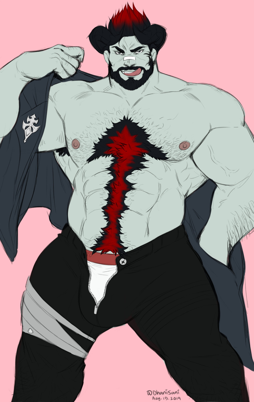 1boy abs absurdres bandaid bandaid_on_face bandaid_on_nose bara bare_pectorals body_fur bulge colored_skin demon_boy demon_horns dhanisani feet_out_of_frame final_fantasy final_fantasy_xiv grey_skin hairy highres horns jacket jacket_partially_removed large_bulge large_pectorals looking_at_viewer male_focus male_underwear mature_male monster_boy muscular muscular_male navel navel_hair nipples open_fly pectorals seductive_smile short_hair sideburns smile solo sparky_(ethorasw) sparse_arm_hair sparse_chest_hair standing stomach thick_navel_hair thick_thighs thighs underwear undressing unzipped veins veiny_arms warrior_of_light_(ff14) white_male_underwear