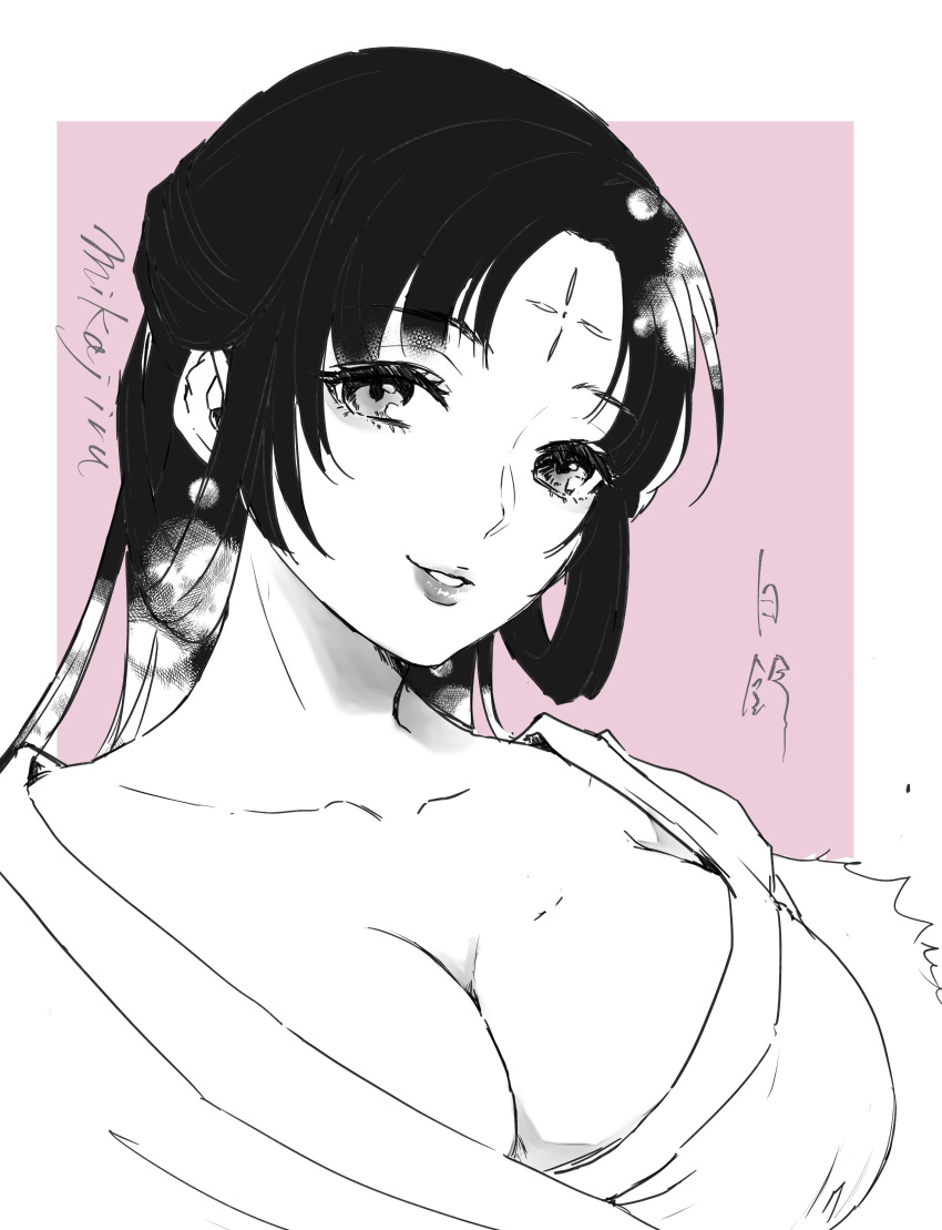 1girl absurdres breasts chinese_clothes cleavage closed_mouth collarbone earrings facial_mark forehead_mark greyscale_with_colored_background hair_rings half_updo hanfu highres jewelry kusuriya_no_hitorigoto large_breasts lipstick long_hair looking_at_viewer makeup mandarino monochrome pairin_(kusuriya_no_hitorigoto) parted_bangs parted_lips smile solo