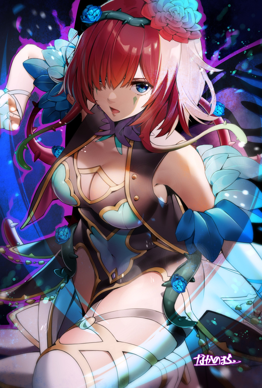 1girl absurdres bare_shoulders blue_eyes breasts cleavage commission covered_navel detached_sleeves dress facial_mark fairy fire_emblem fire_emblem_heroes flower hair_flower hair_ornament hair_over_one_eye hair_vines highres looking_at_viewer nakano_maru official_alternate_costume open_mouth plant red_hair second-party_source short_dress skeb_commission solo thorns triandra_(fire_emblem) triandra_(reverent_dream)_(fire_emblem) vines