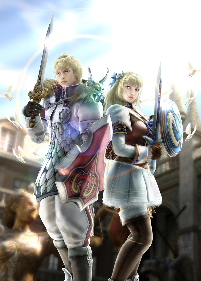 1boy 1girl absurdres armlet blonde_hair dress freckles gloves green_eyes hair_ornament highres lips long_hair long_image male namco official_art patroklos_alexandra pyrrha_alexandra shield shoes short_dress soul_calibur soulcalibur_v sword thighhighs weapon