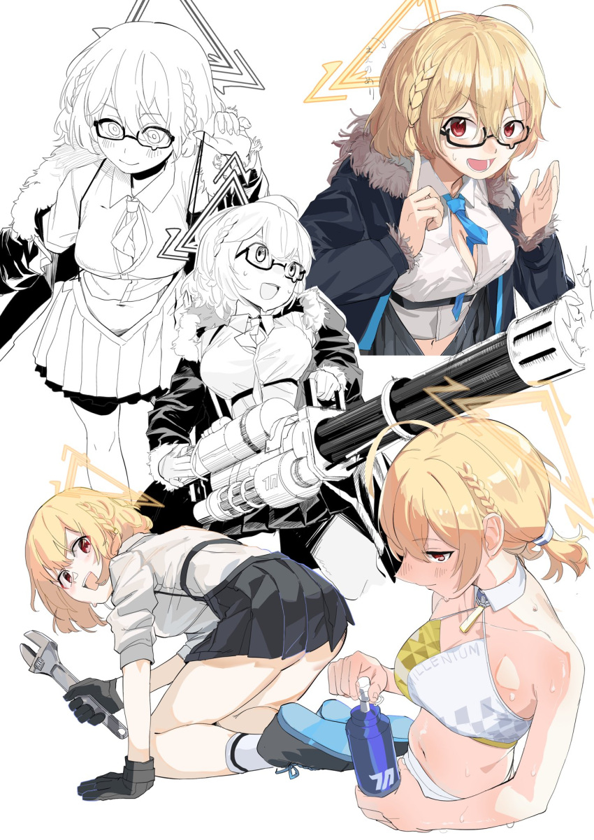 1girl ahoge blonde_hair blue_archive braid breasts cheerleader cleavage fur_trim gatling_gun glasses halo highres kotori_(blue_archive) kotori_(cheer_squad)_(blue_archive) minigun necktie pleated_skirt red_eyes school_uniform short_hair skirt umiwashi white_background