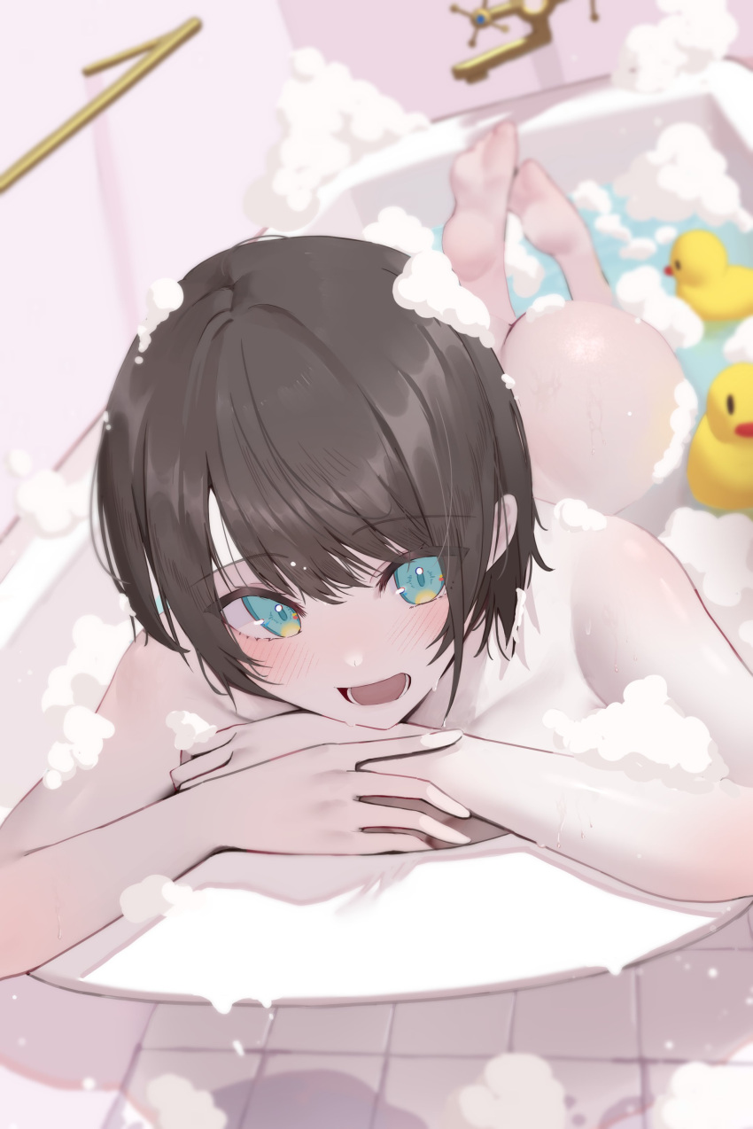 1girl :d absurdres aqua_eyes ass barefoot bath bathing bathtub brown_hair completely_nude feet feet_up foam highres hololive indoors looking_at_viewer lying mikaku nude on_stomach oozora_subaru open_mouth partially_submerged rubber_duck short_hair smile soap_bubbles soles solo tile_floor tiles toes virtual_youtuber water