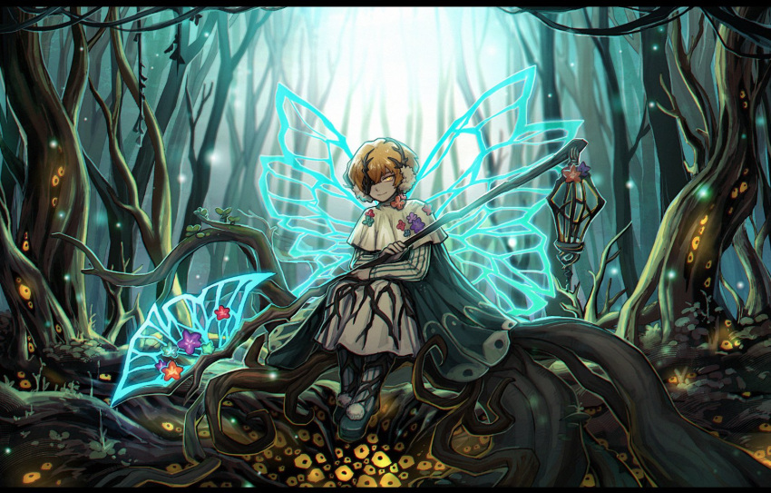 1boy axe birdcage blonde_hair cage cape capelet closed_mouth dress earmuffs faelantern_(project_moon) fairy_wings flaw_eight forest green_cape green_footwear highres holding limbus_company looking_at_viewer nature pom_pom_(clothes) project_moon roots shirt shoes sinclair_(project_moon) sitting smile socks solo striped_clothes striped_shirt striped_socks white_capelet white_dress wings yellow_eyes