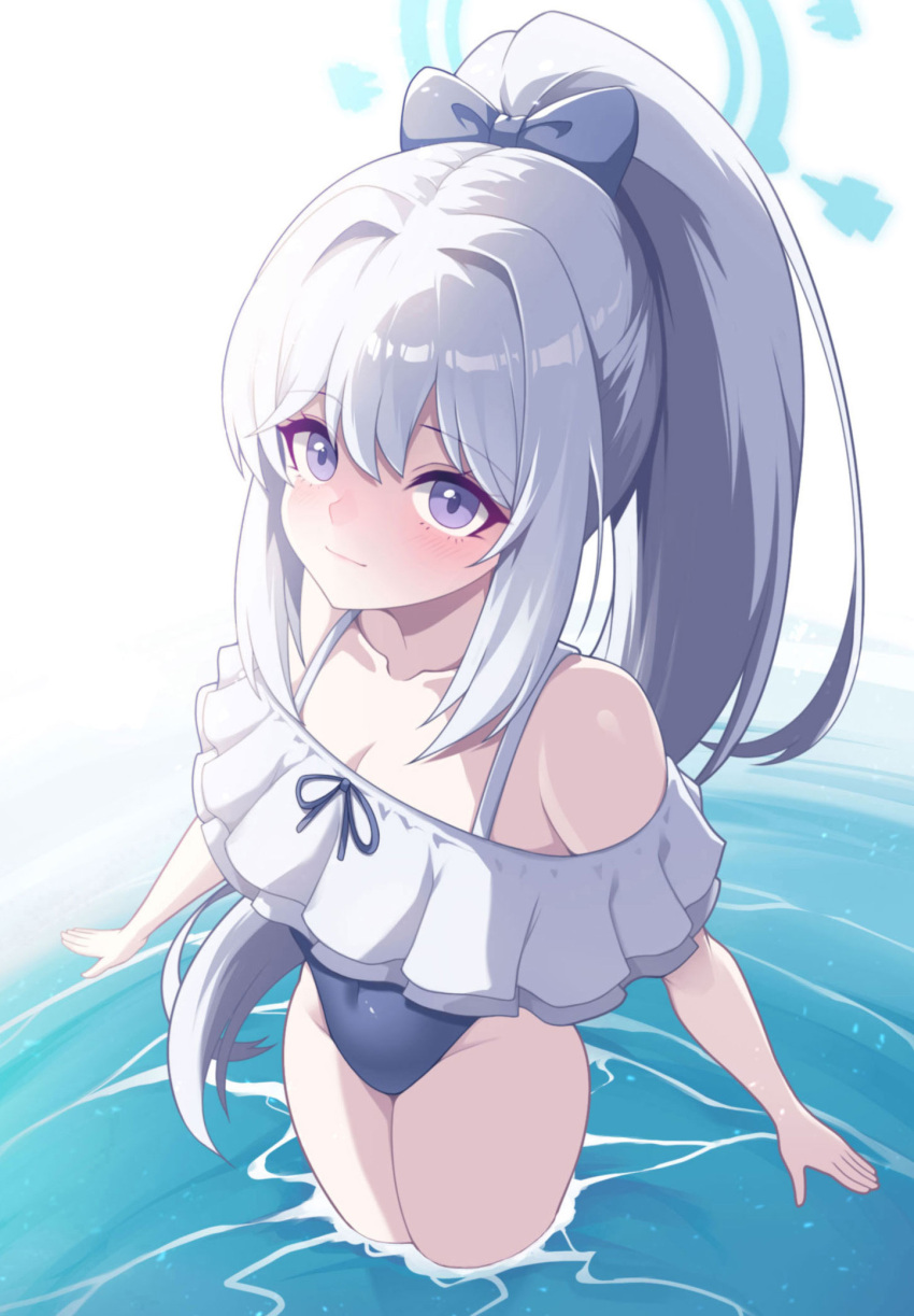 1girl bare_arms bare_legs bare_shoulders black_one-piece_swimsuit blue_archive blue_halo blush breasts casual_one-piece_swimsuit cleavage closed_mouth collarbone cowboy_shot frilled_one-piece_swimsuit frills fuyu_no_usagi grey_hair grin hair_between_eyes halo highres long_hair looking_at_viewer miyako_(blue_archive) miyako_(swimsuit)_(blue_archive) off-shoulder_one-piece_swimsuit off_shoulder official_alternate_costume one-piece_swimsuit ponytail purple_eyes small_breasts smile solo swimsuit water