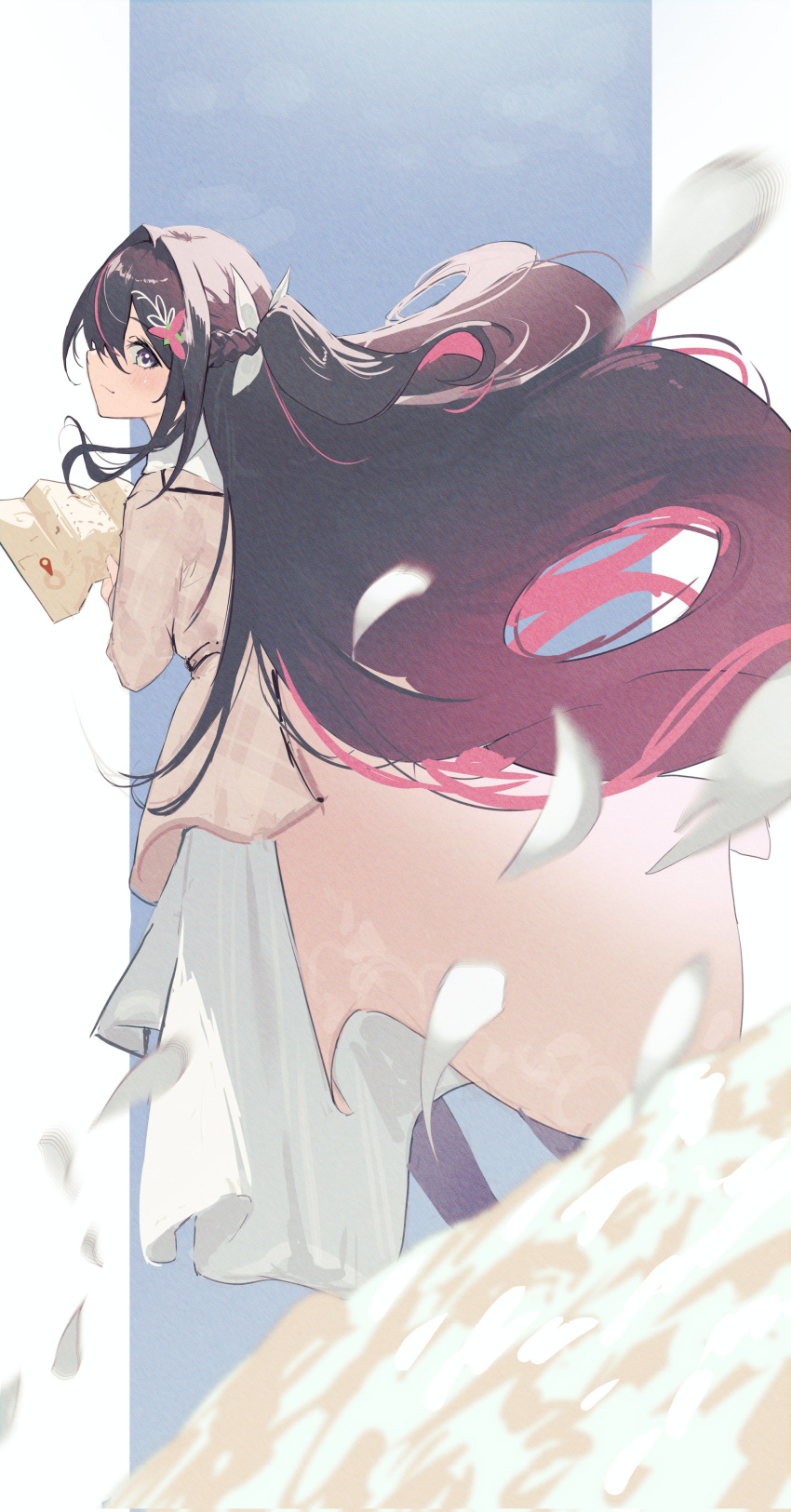 1girl absurdres azki_(4th_costume)_(hololive) azki_(hololive) black_hair braid colored_inner_hair dress from_behind highres holding holding_map hololive long_hair map menomeno_draw multicolored_hair petals pink_hair purple_eyes smile virtual_youtuber white_dress wind