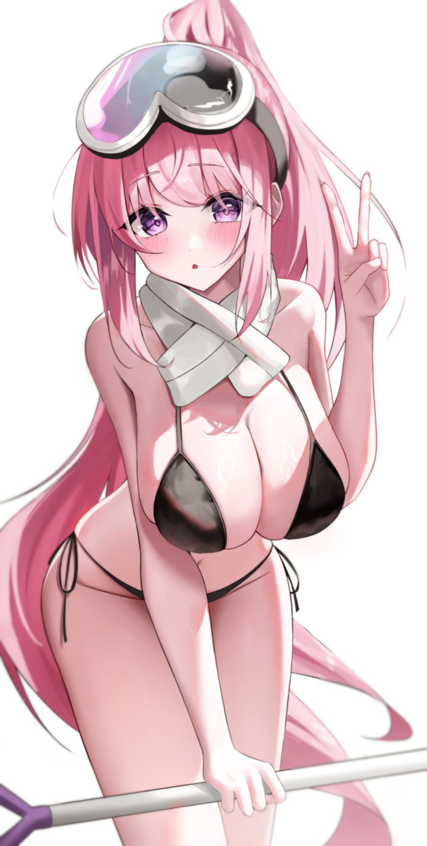 1girl absurdres bikini black_bikini blue_archive blush breasts eimi_(blue_archive) eimi_(swimsuit)_(blue_archive) g_gonor goggles goggles_on_head highres holding holding_shovel huge_breasts leaning_forward long_hair looking_at_viewer navel official_alternate_costume pink_hair ponytail purple_eyes scarf shovel side-tie_bikini_bottom sidelocks simple_background ski_goggles solo swimsuit v very_long_hair white_background white_scarf