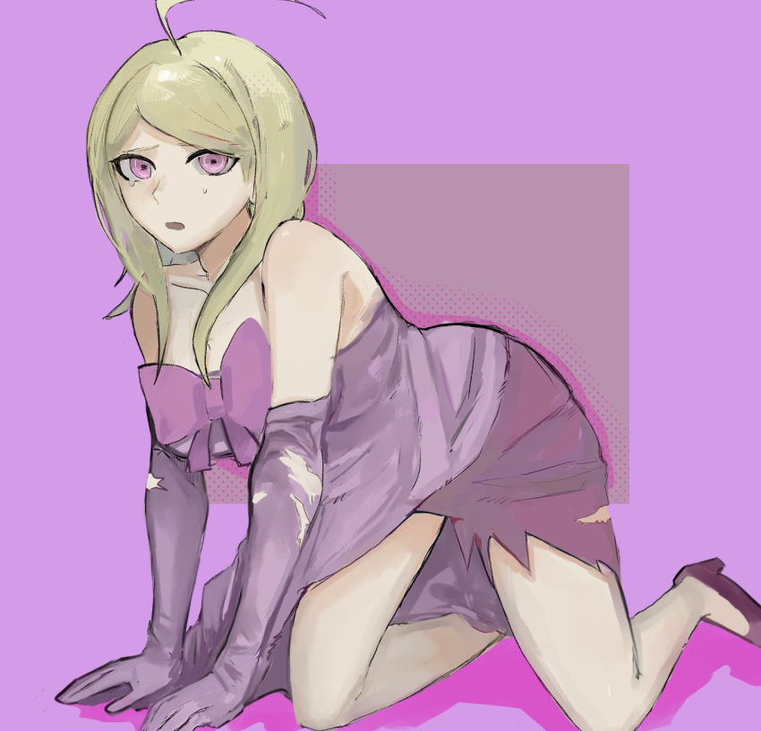 1girl :o ahoge akamatsu_kaede bare_shoulders blonde_hair bow breasts danganronpa_(series) danganronpa_v3:_killing_harmony dress elbow_gloves gloves grey_background high_heels highres large_bow large_breasts leaning_to_the_side long_hair pink_background pink_bow pink_eyes shiny_skin shoes solo torn_clothes torn_dress yuki_(nobu_oisii5)