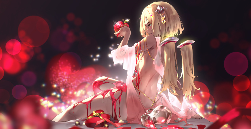 1girl absurdres aki_rosenthal ass back blonde_hair blush box box_of_chocolates breasts commentary detached_hair food fruit hair_ornament heart highres holding holding_food holding_fruit hololive large_breasts long_hair looking_at_viewer looking_back pparus sideboob solo virtual_youtuber