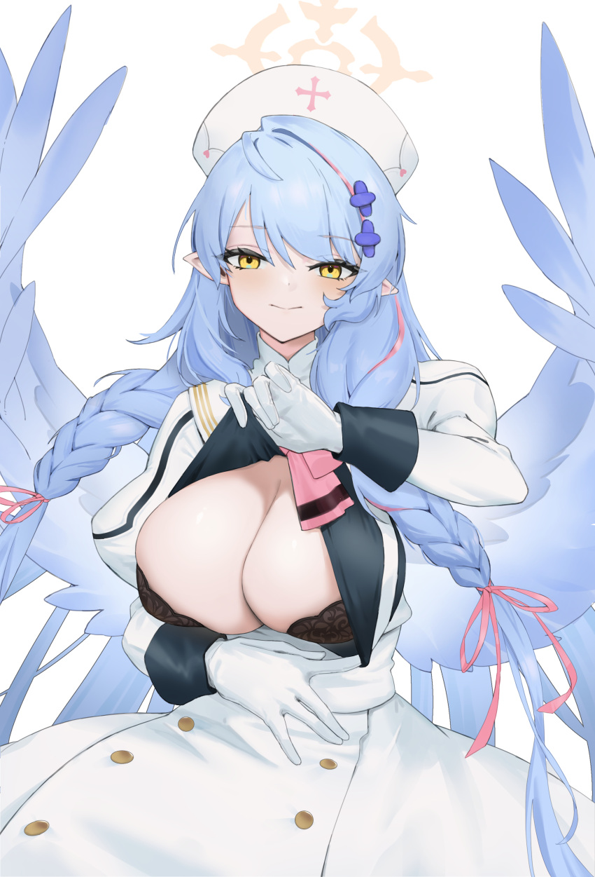 1girl absurdres arashi_(alais) black_bra blue_archive blue_hair blue_wings blush bra breasts cleavage closed_mouth dress feathered_wings gloves halo hat highres juliet_sleeves large_breasts long_hair long_sleeves looking_at_viewer mine_(blue_archive) nurse_cap pointy_ears puffy_sleeves simple_background solo underwear white_background white_dress white_gloves white_hat wings yellow_eyes yellow_halo