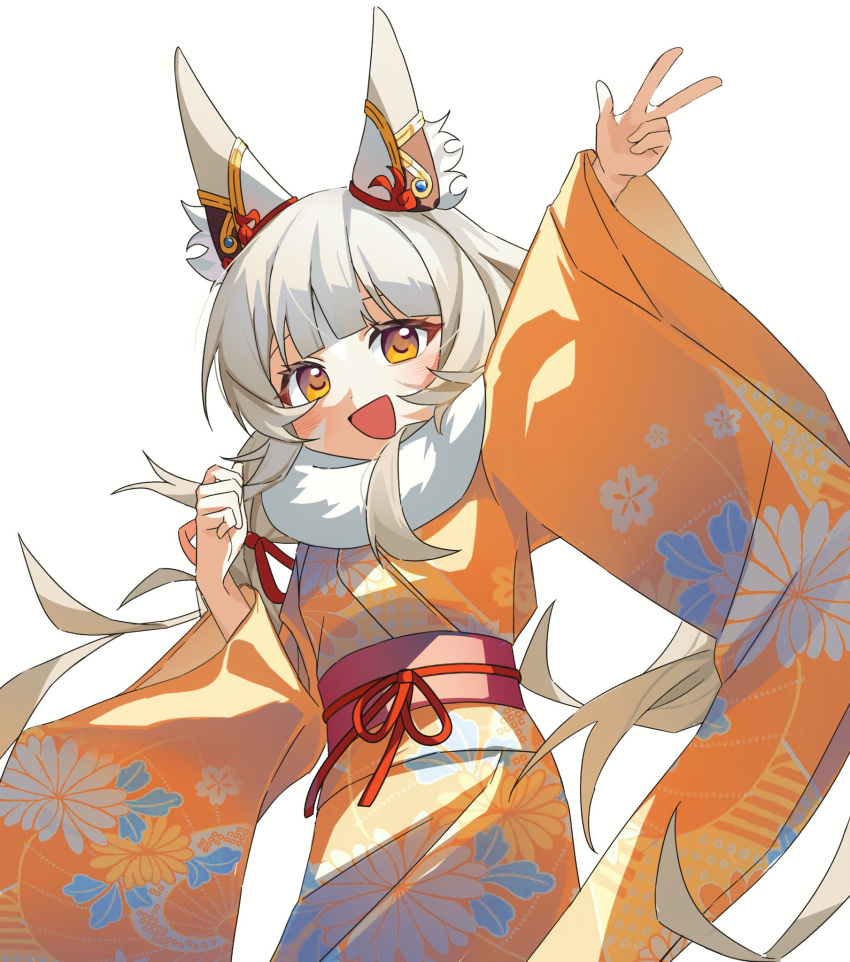 1girl :d alternate_costume animal_ear_fluff animal_ears cat_ears cat_girl commentary_request grey_hair highres japanese_clothes kimono looking_at_viewer luliko253 medium_hair nia_(blade)_(xenoblade) nia_(xenoblade) open_mouth simple_background smile solo w white_background wide_sleeves xenoblade_chronicles_(series) xenoblade_chronicles_2 yellow_eyes