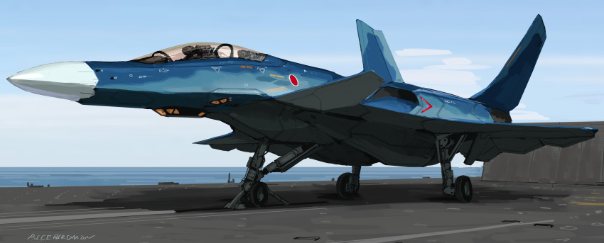 absurdres aircraft aircraft_carrier airplane blue_sky commentary_request day fighter_jet flight_deck highres horizon hozumi_sousei japan_self-defense_force jet military military_vehicle no_humans ocean original outdoors ship sky vehicle_focus warship watercraft
