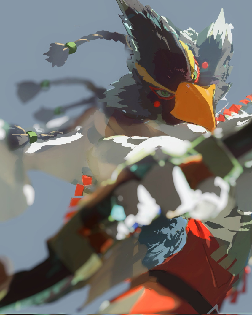 1boy aiming aiming_at_viewer beak bird_boy blue_fur blurry body_fur bow_(weapon) braid depth_of_field furry furry_male grey_background highres holding holding_bow_(weapon) holding_weapon looking_at_viewer male_focus redum4 revali rito simple_background solo the_legend_of_zelda the_legend_of_zelda:_breath_of_the_wild twin_braids weapon