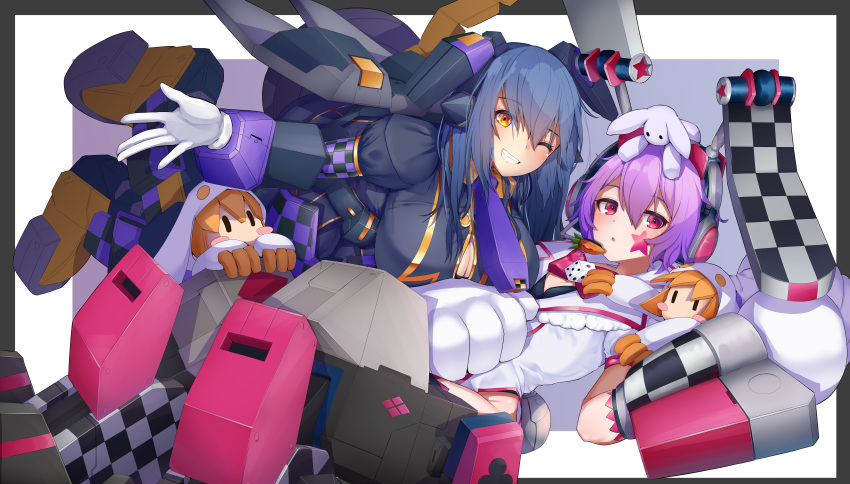 2girls :o absurdres animal_ears blue_hair breasts cosmic_break facial_tattoo fake_animal_ears grin highres large_breasts long_hair looking_at_viewer mecha_musume multiple_girls one_eye_closed patty_lop purple_hair rabbit_ears red_eyes renny_lop sgame_deme short_hair smile tattoo teeth yellow_eyes