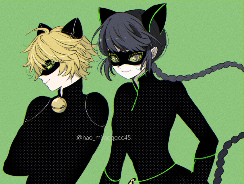 1boy 1girl adrien_agreste animal_ears bell black_bodysuit black_hair black_mask blonde_hair bodysuit braid cat_boy cat_ears cat_girl chat_noir closed_mouth green_background green_eyes jingle_bell lady_noir looking_at_another marinette_dupain-cheng miraculous_ladybug seio_(nao_miragggcc45) slit_pupils smile superhero_costume upper_body