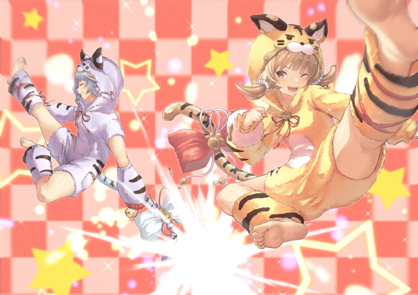 2girls animal_ears animal_hood bai_(granblue_fantasy) barefoot beruu blonde_hair bow braid checkered_background granblue_fantasy grey_hair hood huang_(granblue_fantasy) kicking leg_warmers multiple_girls one_eye_closed star_(symbol) tail tail_bow tail_ornament tiger_ears tiger_hood tiger_tail twin_braids twintails