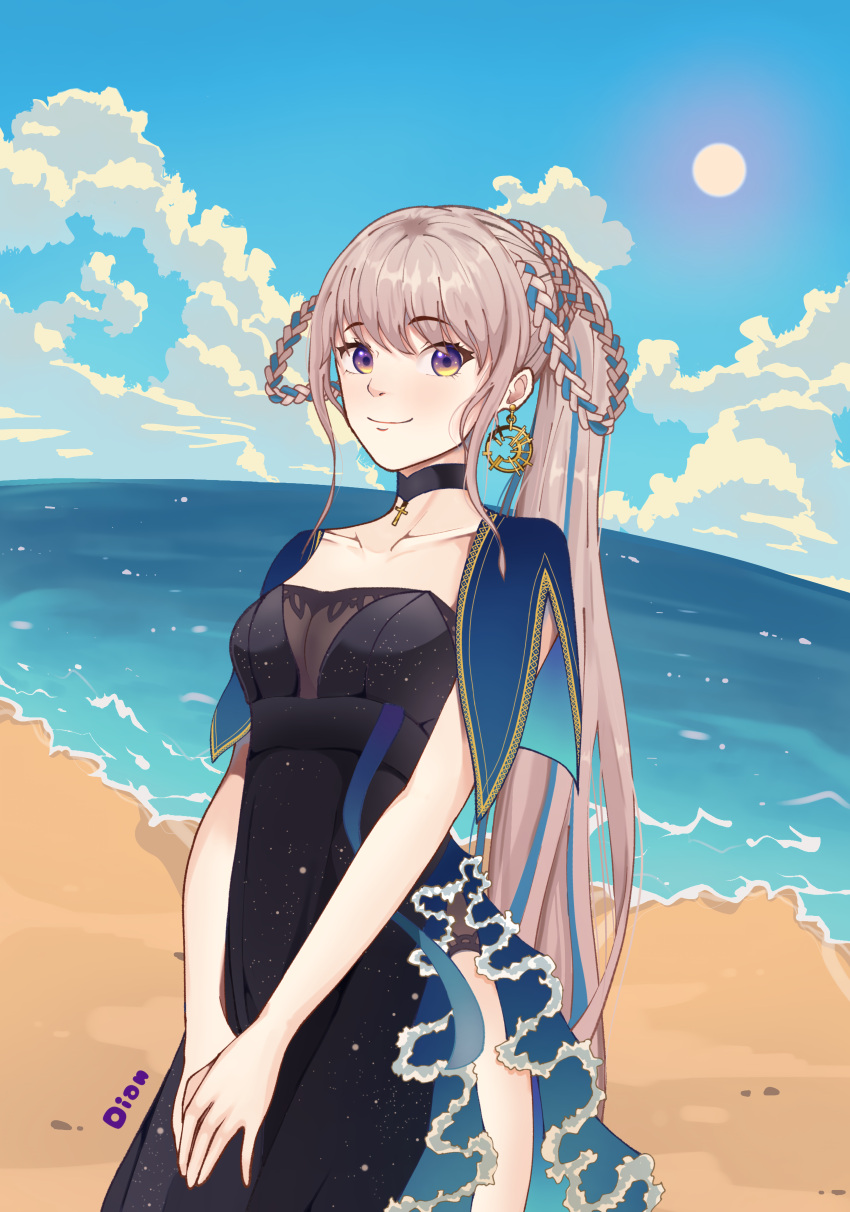 1girl absurdres artist_name beach black_dress black_one-piece_swimsuit blue_hair blue_sky blush braid breasts choker cloud collarbone cross cross_choker day dian_(glacierobsidian) dress dress_swimsuit earrings fate/grand_order fate_(series) grey_hair highres jewelry long_hair looking_at_viewer multicolored_hair ocean one-piece_swimsuit outdoors pope_joan_(fate) purple_eyes sky small_breasts smile solo streaked_hair sun swimsuit two-tone_hair