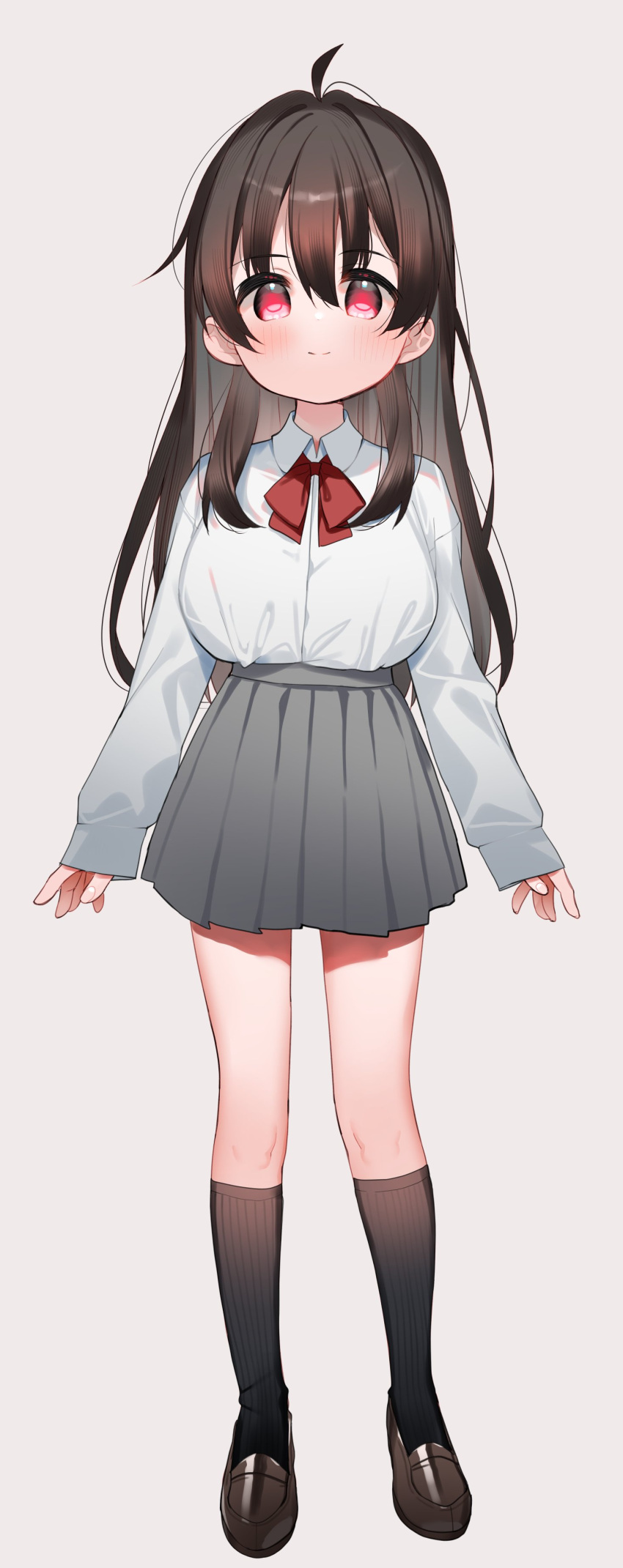 1girl absurdres ahoge black_hair black_socks blush bow breasts brown_footwear closed_mouth collared_shirt dress_shirt full_body grey_background grey_skirt hair_between_eyes high-waist_skirt highres kneehighs loafers long_hair long_sleeves looking_at_viewer medium_breasts meito_(maze) original pleated_skirt puffy_long_sleeves puffy_sleeves red_bow red_eyes shirt shoes simple_background skirt sleeves_past_wrists smile socks solo standing very_long_hair white_shirt