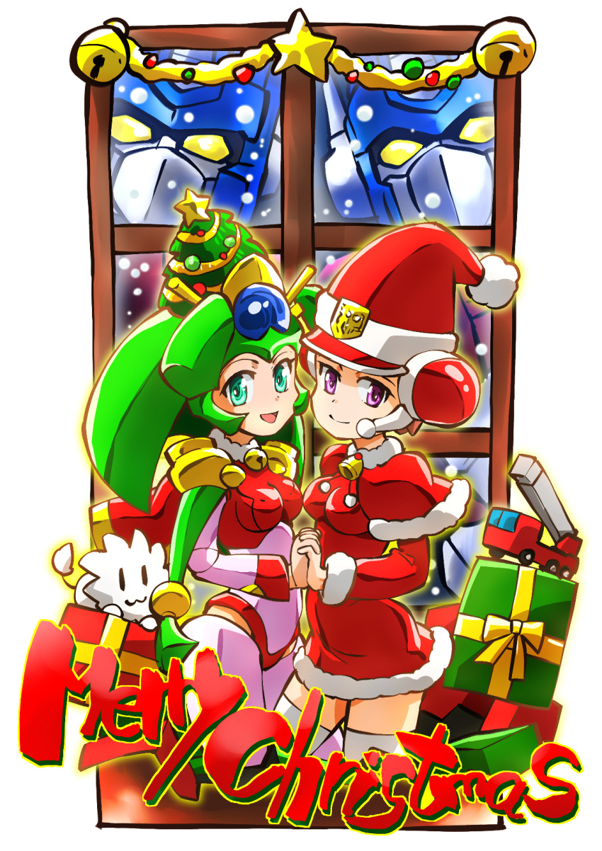 2girls android artemis_(beast_wars_ii) autobot beast_wars beast_wars_ii bell breasts cape capelet christmas_tree dress fire_convoy fur-trimmed_capelet fur_trim gift green_eyes green_hair hat highres holding_hands in-universe_location joints lio_convoy long_hair looking_at_viewer maximal mecha medium_breasts merry_christmas multiple_girls purple_eyes red_cape red_dress red_hat robot robot_joints santa_hat short_hair smile snowing star_(symbol) t-ai_(transformers) taiga_hiroyuki thighhighs transformers transformers_car_robots white_thighhighs window