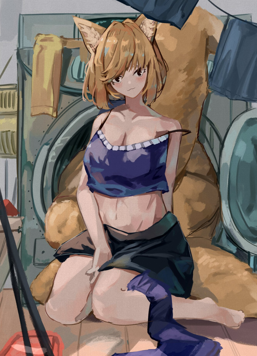 1girl :3 animal_ears blonde_hair blush breasts fox_ears fox_girl fox_tail highres large_breasts laundry looking_at_viewer multiple_tails no_headwear short_hair sitting solo tail touhou vanilla_flan wariza washing_machine yakumo_ran