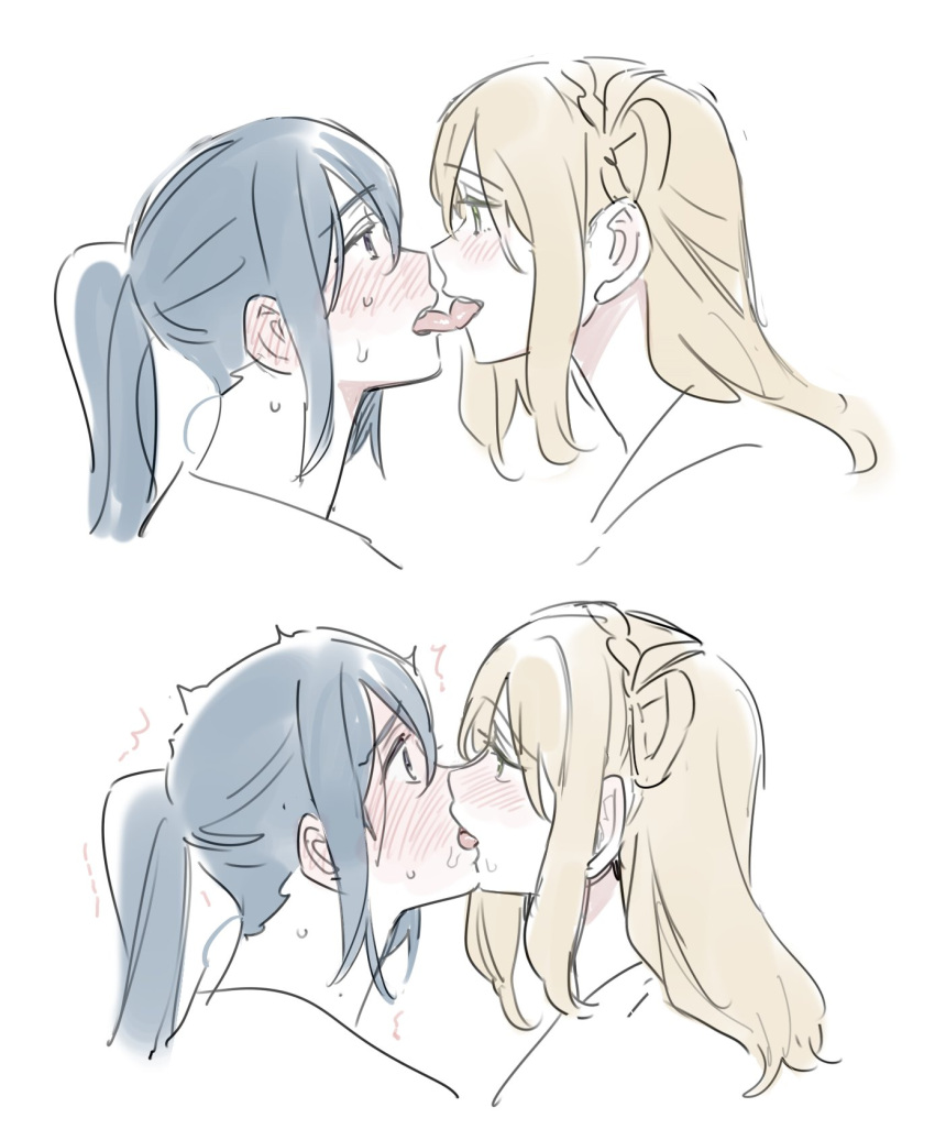 2girls blonde_hair blue_hair blush commentary_request eye_contact french_kiss highres kiss korean_commentary long_hair looking_at_another love_live! love_live!_sunshine!! matsuura_kanan multiple_girls ohara_mari pito_(sh02327) ponytail saliva simple_background single_hair_ring sweat tongue tongue_out twitching white_background yuri
