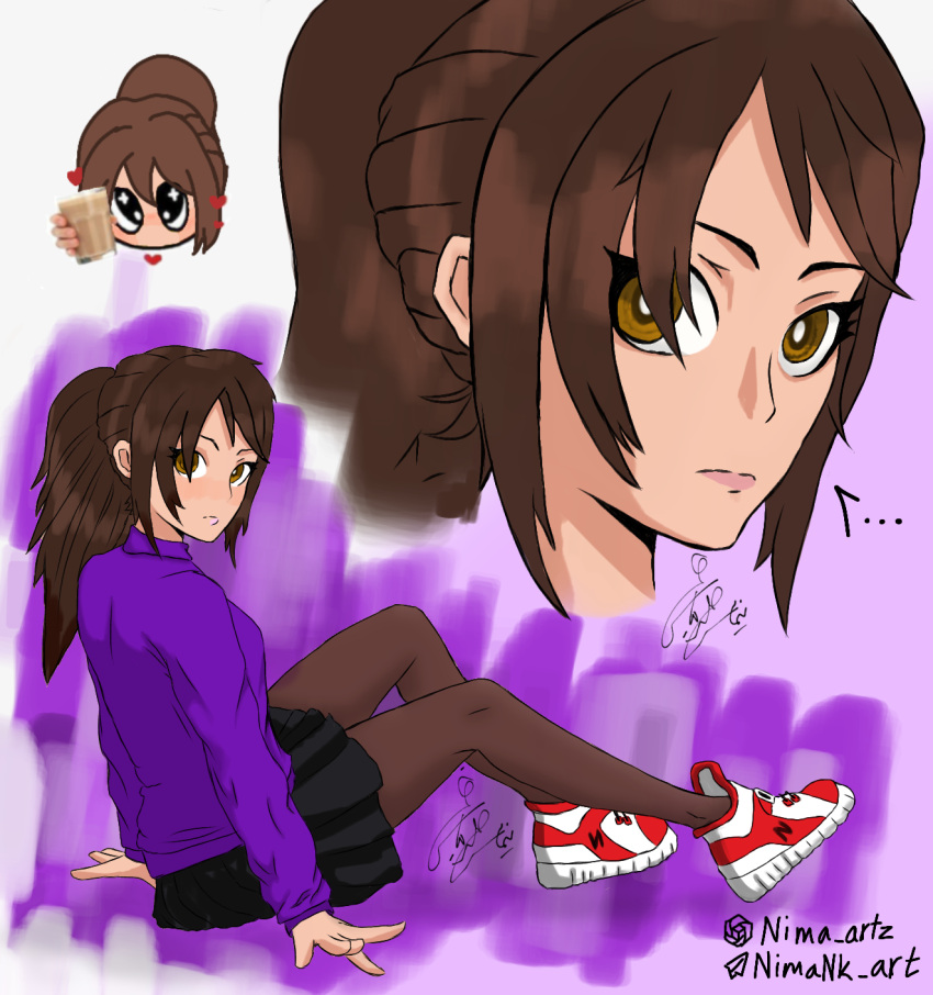 brown_hair highres jacket kitty_greenson nima_art non-web_source original pantyhose purple_jacket yellow_eyes