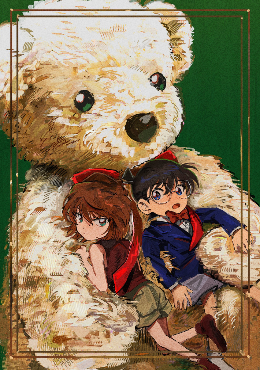 1boy 1girl absurdres black_hair blue_eyes blue_jacket bow bowtie brown_footwear brown_hair brown_shirt child edogawa_conan glasses green_background green_eyes green_shorts grey_shorts haibara_ai highres jacket large_teddy_bear long_sleeves looking_at_viewer meitantei_conan red_bow red_bowtie round_eyewear segami shirt shoes short_hair shorts simple_background sleeveless sleeveless_shirt stuffed_animal stuffed_toy teddy_bear white_shirt