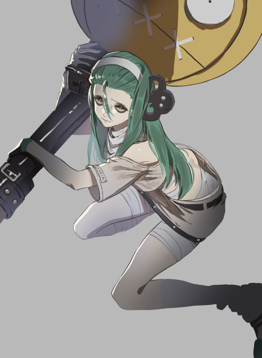 1girl a.b.a bags_under_eyes bandages bare_shoulders green_eyes green_hair green_nails guilty_gear guilty_gear_strive hairband highres key_in_head long_hair looking_at_viewer makeup object_through_head official_alternate_hair_length official_alternate_hairstyle pale_skin paracelsus short_sleeves stitched_mouth stitches udakyo white_hairband