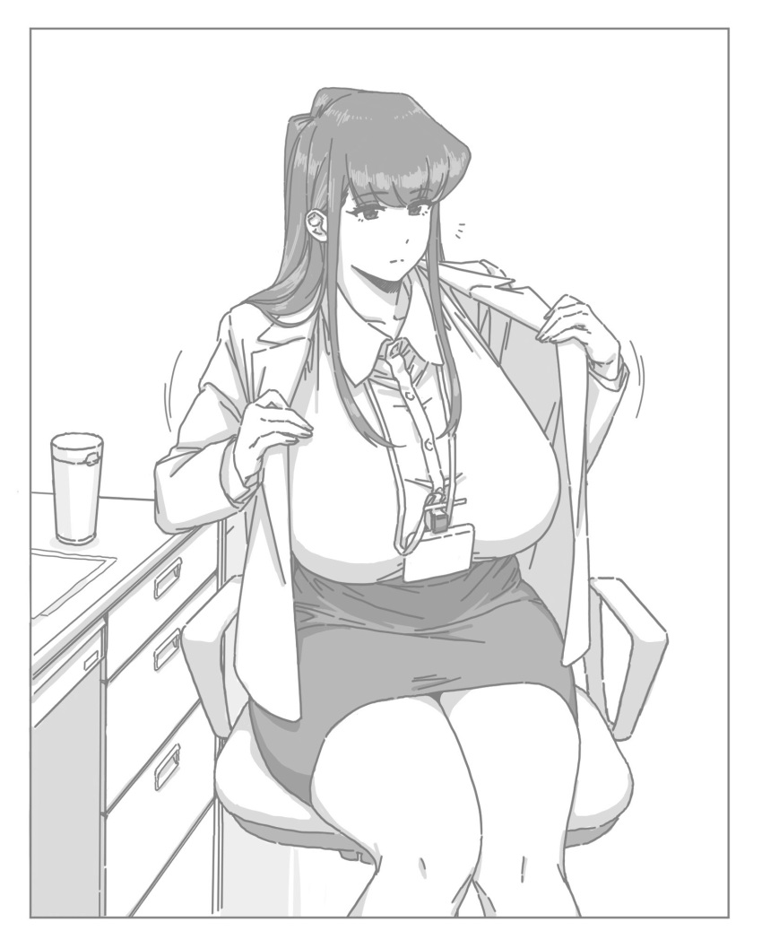 1girl aged_up alternate_breast_size breasts chair collared_shirt commentary_request desk highres huge_breasts id_card jacket komi-san_wa_komyushou_desu komi_shouko lanyard long_hair looking_at_viewer office_chair office_lady open_clothes open_jacket pencil_skirt removing_jacket shirt sidelocks sitting skirt swivel_chair thick_thighs thighs tomodaore_niku_udon white_background