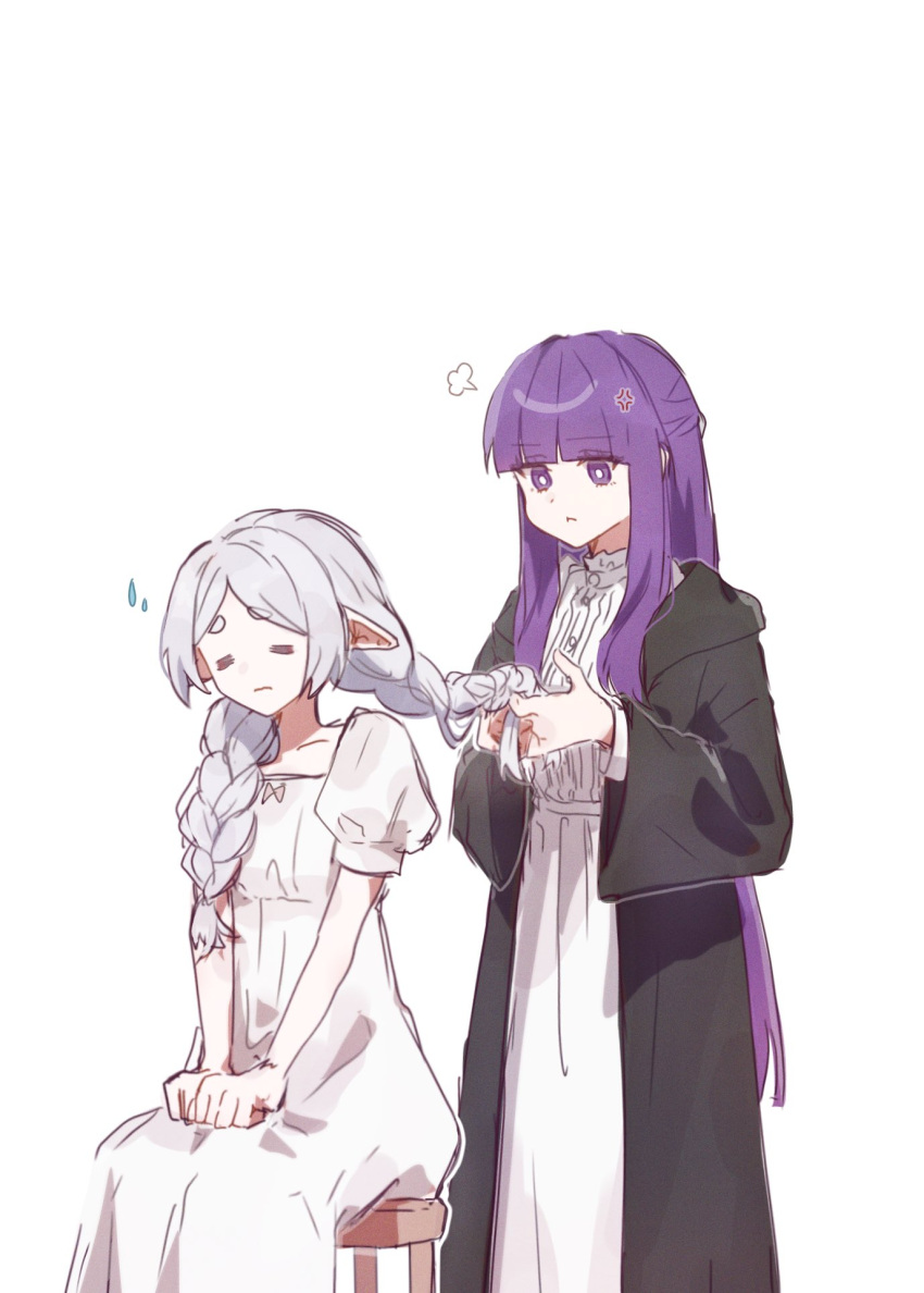2girls =_= anger_vein black_robe braid braiding_hair bright_pupils closed_mouth dress elf fern_(sousou_no_frieren) frieren h_a_n_a_maru87 hairdressing highres long_hair multiple_girls pointy_ears pout puff_of_air purple_eyes purple_hair robe short_sleeves simple_background sitting sousou_no_frieren twin_braids tying_another's_hair white_background white_dress white_hair white_pupils