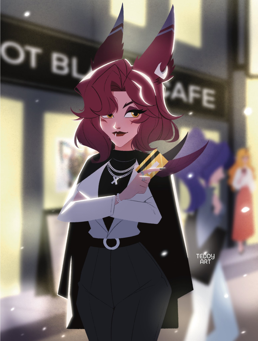 animal_ears artist_name belt bird_girl black_coat business_casual coat credit_card dress_pants english_text eyeshadow facial_mark feathers highres holding holding_feather jewelry k/da_(league_of_legends) league_of_legends lip_piercing long_hair makeup necklace piercing red_eyeshadow red_hair silver_chain teddy_teddd xayah yellow_eyes