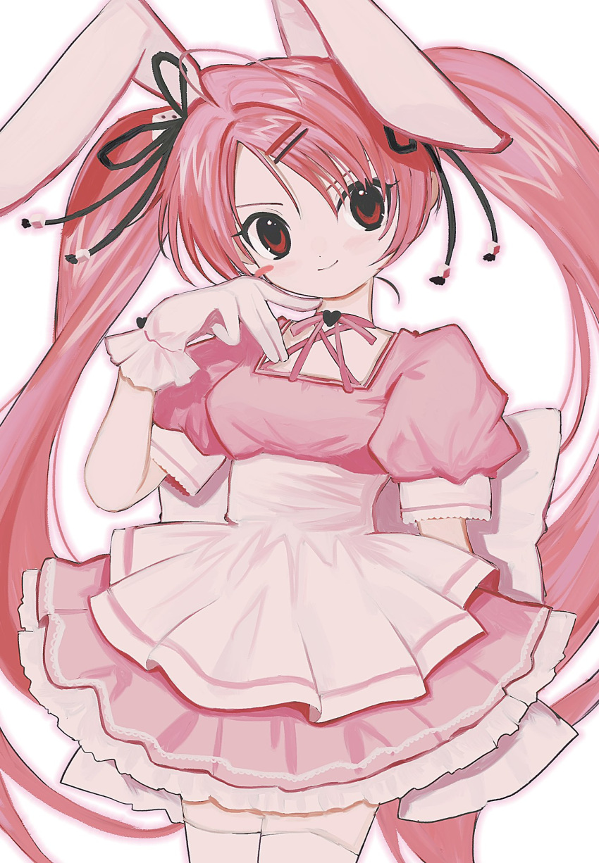 1girl animal_ears apron breasts closed_mouth cowboy_shot di_gi_charat dress gloves hair_ornament hair_ribbon hairpin hand_up highres long_hair looking_at_viewer pepeppepe101 pink_dress pink_hair puffy_short_sleeves puffy_sleeves rabbit_ears red_eyes ribbon short_sleeves small_breasts smile solo standing twintails usada_hikaru waist_apron white_apron white_gloves