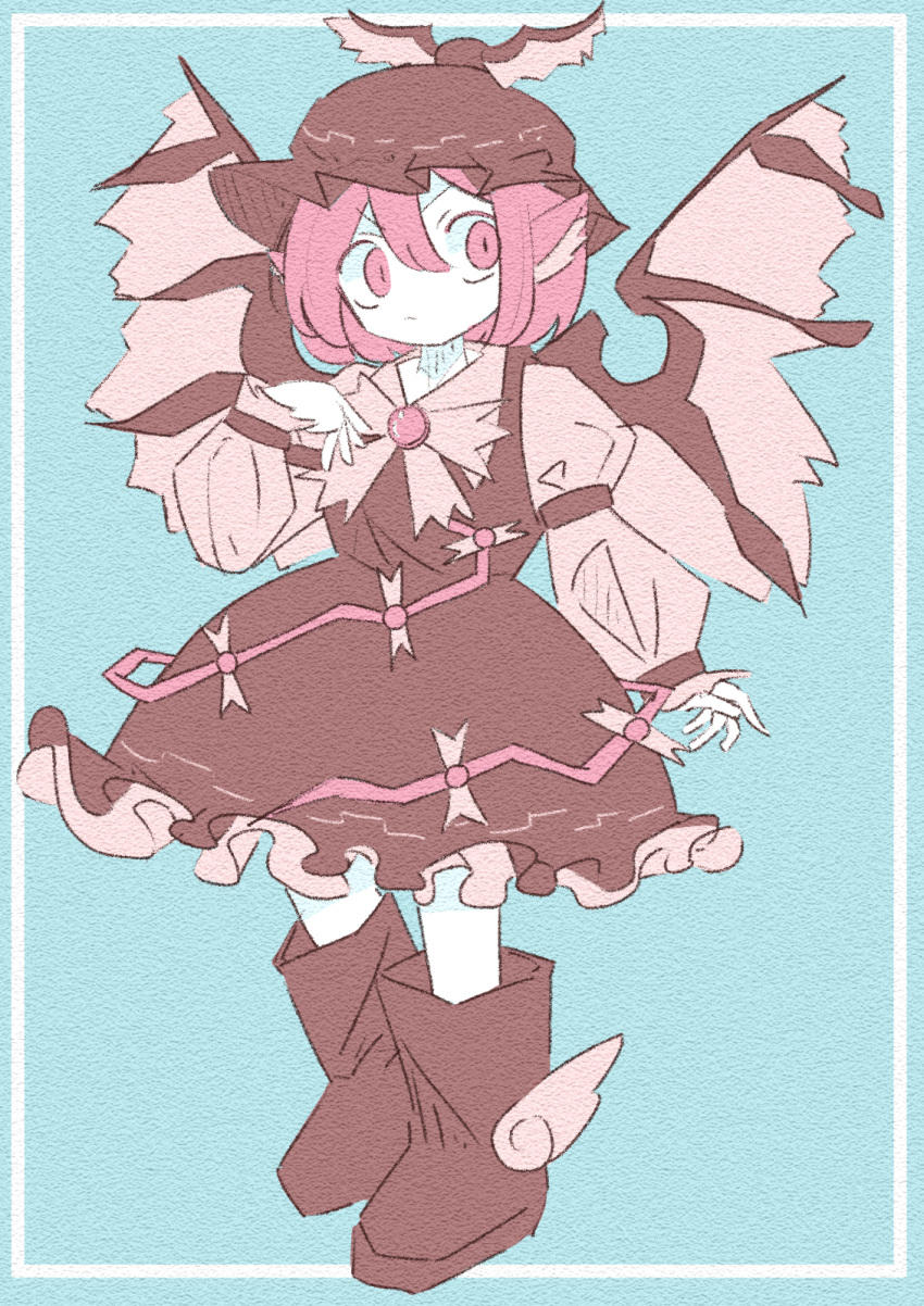 1girl animal_ears bird_ears bird_wings boots brown_dress brown_footwear brown_hat brown_shirt brown_wings closed_mouth collared_shirt dress frilled_dress frills full_body hair_between_eyes hat highres long_sleeves mystia_lorelei phage_o pink_eyes pink_hair shirt short_hair sleeve_garter solo touhou winged_footwear winged_hat wings