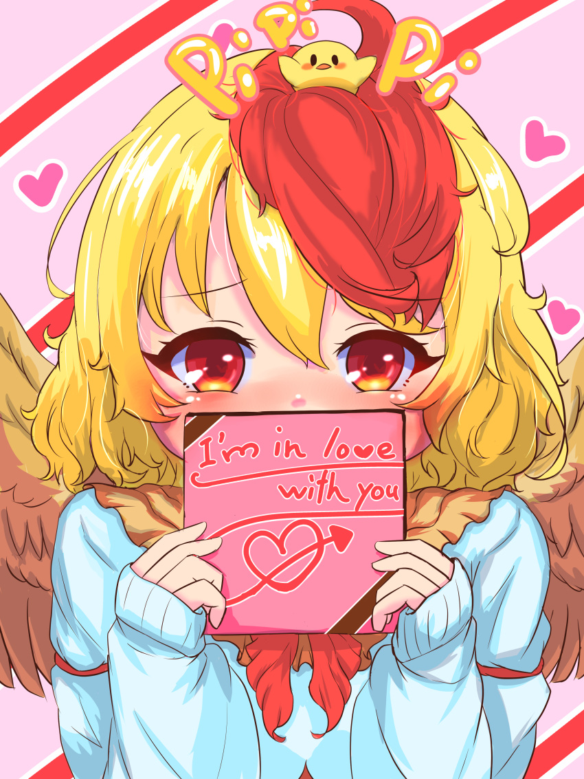 1girl absurdres animal animal_on_head bird bird_on_head bird_wings blonde_hair blush chick chicken covered_mouth dress embarrassed feathered_wings heart highres long_sleeves love_letter medium_hair multicolored_hair neckerchief nicoseiga_26694557 niwatari_kutaka on_head orange_dress pink_background red_eyes red_hair red_neckerchief shirt shy solo striped_background touhou two-tone_hair white_shirt wings yellow_wings
