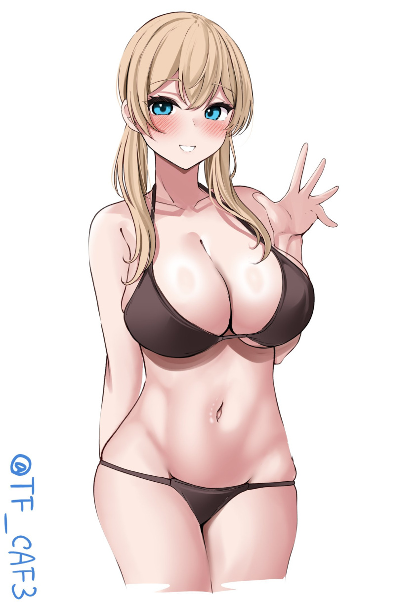 1girl alternate_costume arm_behind_back bikini black_bikini blonde_hair blue_eyes breasts cleavage collarbone cropped_legs hashtag_only_commentary highres kantai_collection large_breasts long_hair low_twintails navel one-hour_drawing_challenge parted_lips prinz_eugen_(kancolle) smile swimsuit tf_cafe twintails twitter_username waving white_background