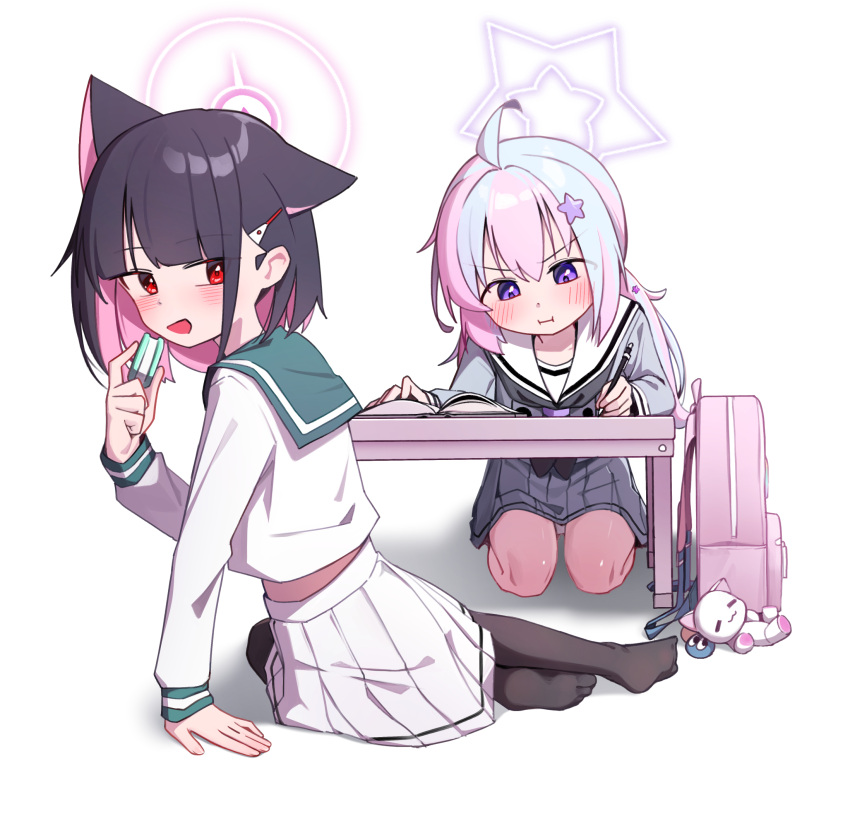 2girls animal_ears bag black_hair black_pantyhose blue_archive blue_hair blush book cat_ears closed_mouth colored_inner_hair food grey_skirt hair_ornament hairclip halo highres holding holding_food holding_pen kazusa_(blue_archive) long_hair long_sleeves macaron multicolored_hair multiple_girls no_shoes open_book open_mouth pantyhose pen pink_hair purple_eyes purple_halo red_eyes reisa_(blue_archive) seiza shirt short_hair simple_background sitting skirt star_(symbol) star_hair_ornament table white_background white_shirt white_skirt whonyang writing