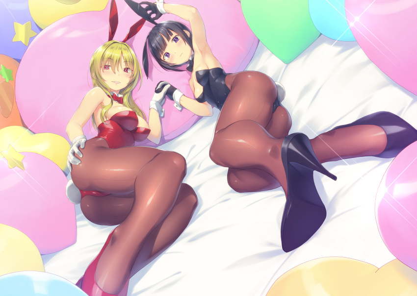 2girls animal_ears ass black_footwear black_gloves black_hair black_leotard blonde_hair blush bow bowtie breasts commission detached_collar fake_animal_ears fake_tail gloves hand_on_own_ass heibonkaeru high_heels highres idolmaster idolmaster_cinderella_girls kurosaki_chitose leotard looking_at_viewer lying medium_breasts multiple_girls on_side pantyhose parted_lips playboy_bunny purple_eyes rabbit_ears rabbit_tail red_eyes red_footwear red_leotard shirayuki_chiyo short_hair skeb_commission small_breasts smile tail velvet_rose_(idolmaster) white_gloves wrist_cuffs