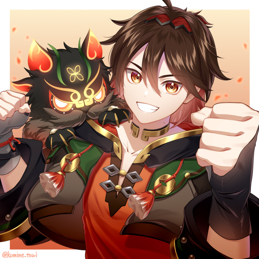 1boy animal_on_shoulder black_hairband brown_capelet brown_eyes brown_hair capelet collarbone colored_inner_hair gaming_(genshin_impact) genshin_impact grin hair_between_eyes hairband highres kgmn_kyo looking_at_viewer male_focus multicolored_hair red_hair red_shirt shirt short_hair smile solo two-tone_hair upper_body