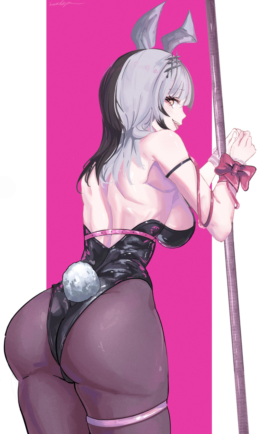 1girl absurdres animal_ears arm_strap ass bare_shoulders black_hair black_leotard black_pantyhose bound bound_wrists breasts english_commentary fake_animal_ears fake_tail from_behind grey_hair hair_ornament harikyon_dzs highleg highleg_leotard highres hololive hololive_english large_breasts leotard long_hair looking_at_viewer looking_back multicolored_hair open_mouth pantyhose playboy_bunny pole rabbit_ears rabbit_hole_(vocaloid) rabbit_tail shiori_novella sideboob smile solo split-color_hair strapless strapless_leotard stripper_pole tail thigh_strap two-tone_background virtual_youtuber yellow_eyes
