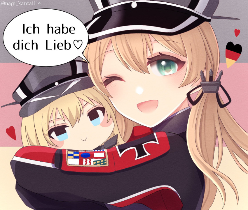 1girl anchor_hair_ornament badge bismarck_(kancolle) blonde_hair chibi commentary_request cross flag_background german_flag german_text green_eyes hair_ornament hat highres hugging_doll hugging_object iron_cross kantai_collection low_twintails military_hat military_uniform nagi_kantai114 one-hour_drawing_challenge one_eye_closed peaked_cap prinz_eugen_(kancolle) smile solo speech_bubble translated twintails uniform