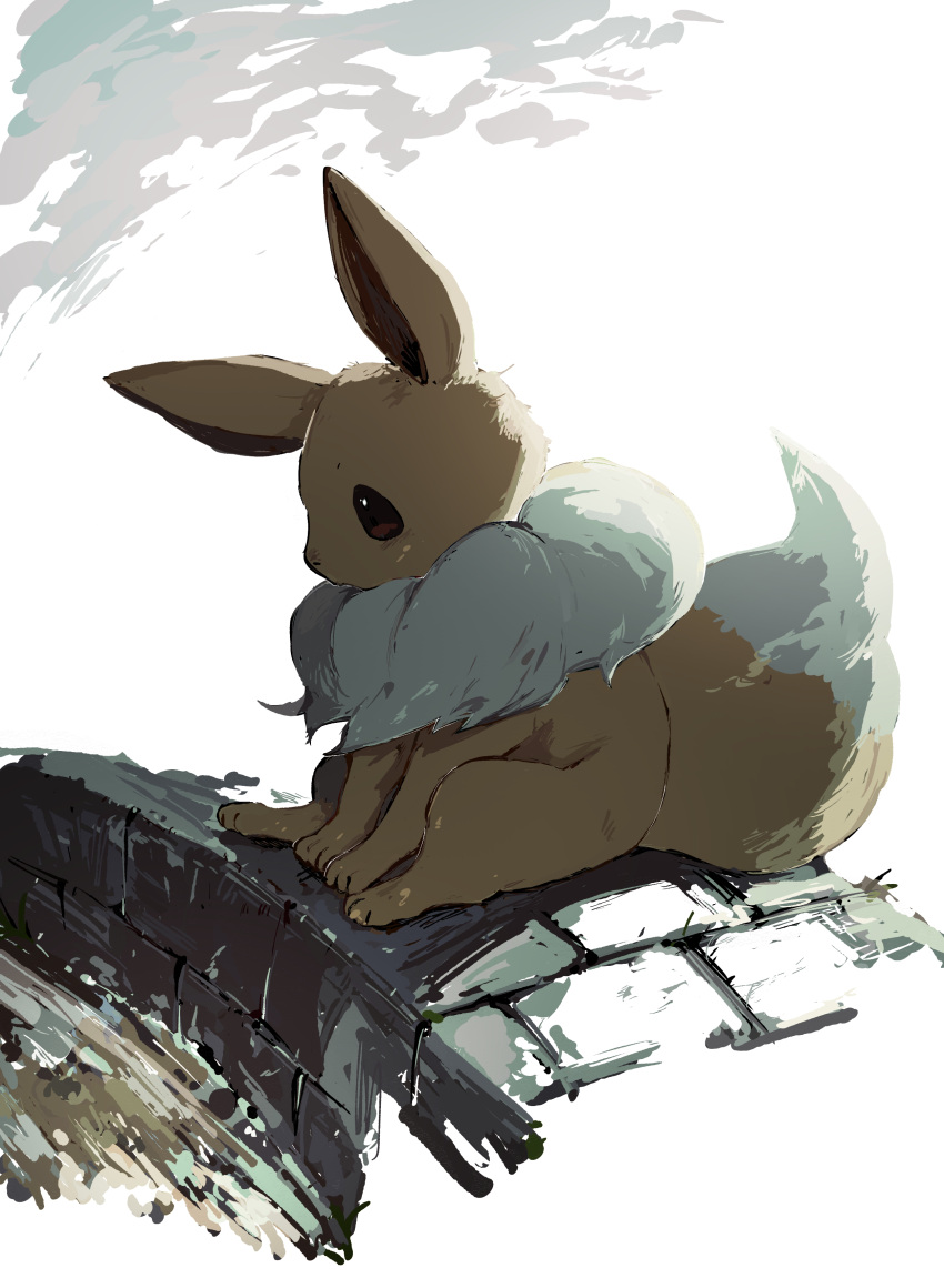 absurdres animal_focus backlighting brick_wall brown_eyes commentary_request day eevee from_side full_body highres looking_down neck_fur no_humans outdoors pokemon pokemon_(creature) profile sitting solo tem_(tem_konp10)