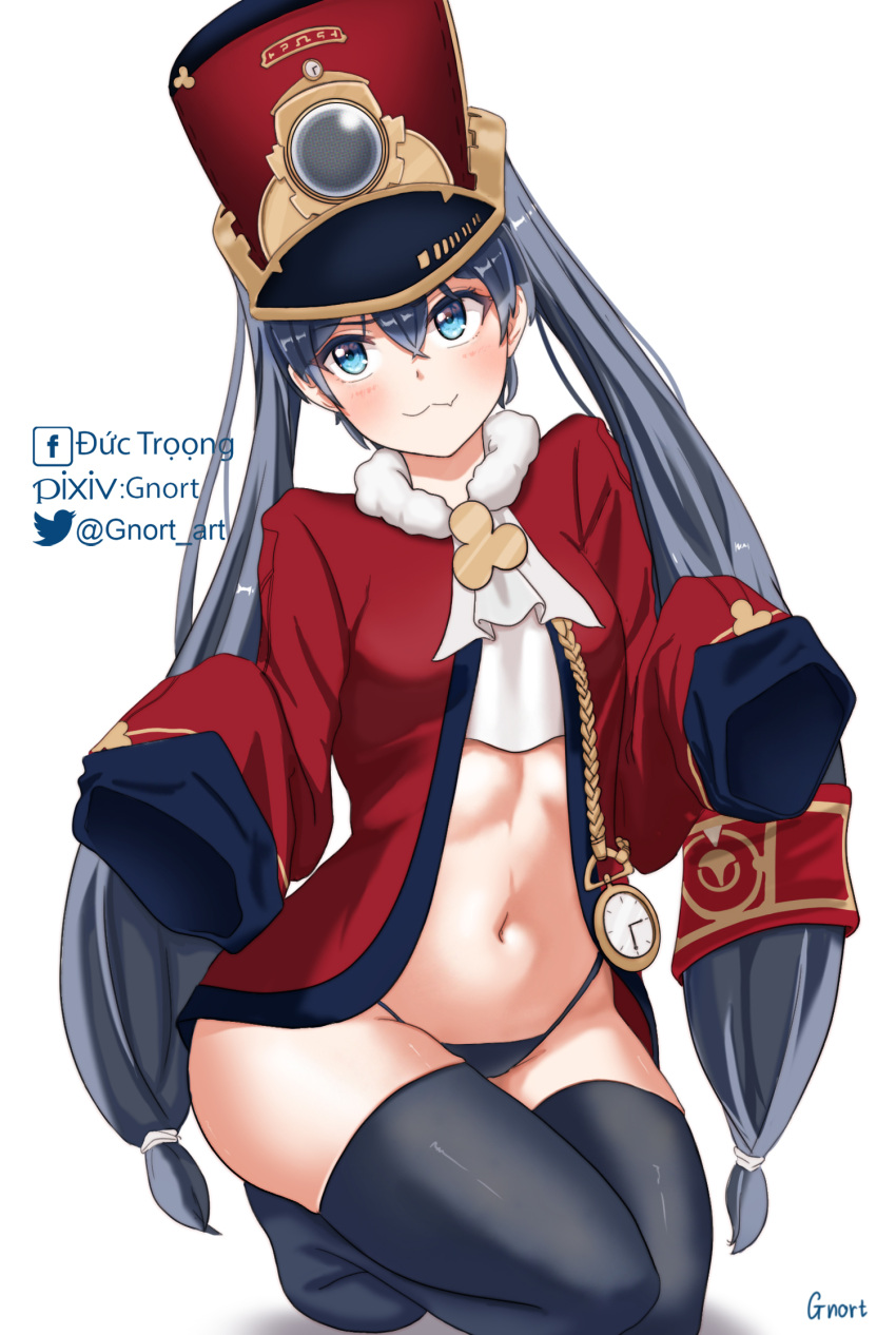 1girl :3 ascot black_panties black_thighhighs blue_eyes commentary english_commentary facebook_logo facebook_username fang genderswap genderswap_(otf) gnort grey_hair highres honkai:_star_rail honkai_(series) humanization jacket long_hair long_sleeves looking_at_viewer navel panties pixiv_logo pixiv_username pom-pom_(honkai:_star_rail) red_hat red_jacket simple_background skin_fang sleeves_past_fingers sleeves_past_wrists squatting string_panties thighhighs twintails twitter_logo twitter_username underwear white_ascot white_background