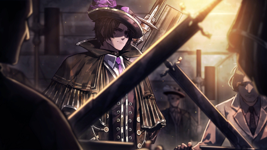 1boy 5others black_necktie brown_hair collared_shirt game_cg glaive_(polearm) grey_suit hat hat_ornament heathcliff_(project_moon) highres limbus_company multiple_others nai_ga necktie official_art polearm project_moon purple_eyes purple_necktie shirt short_hair solo_focus suit sword weapon white_shirt