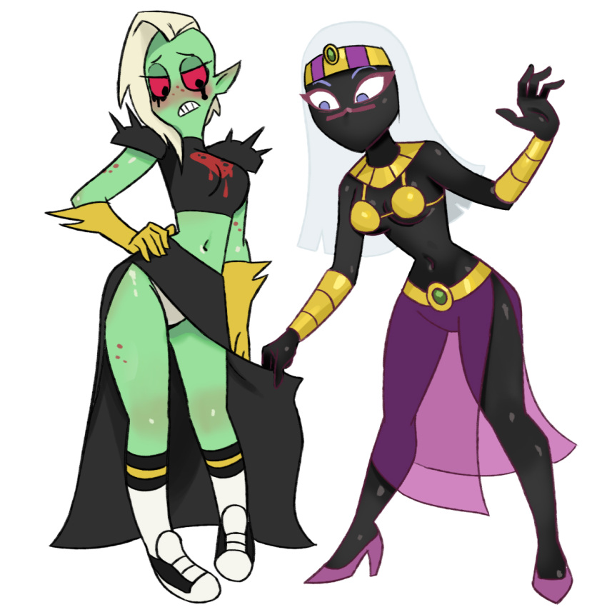 2018 4_fingers 5_fingers alien alien_humanoid black_body black_skin blush bottomwear breasts clothed clothing crossover disney duck_dodgers duo female female/female fingers footwear freckles gloves godch-iggy green_body green_skin hair hand_on_hip hand_on_own_hip handwear hi_res high_heels humanoid humanoid_pointy_ears lord_dominator martian midriff mouthless navel noseless not_furry panties pink_sclera purple_eyes queen_tyr'ahnee shoes simple_background socks standing teeth topwear translucent translucent_clothing underwear wander_over_yonder white_background